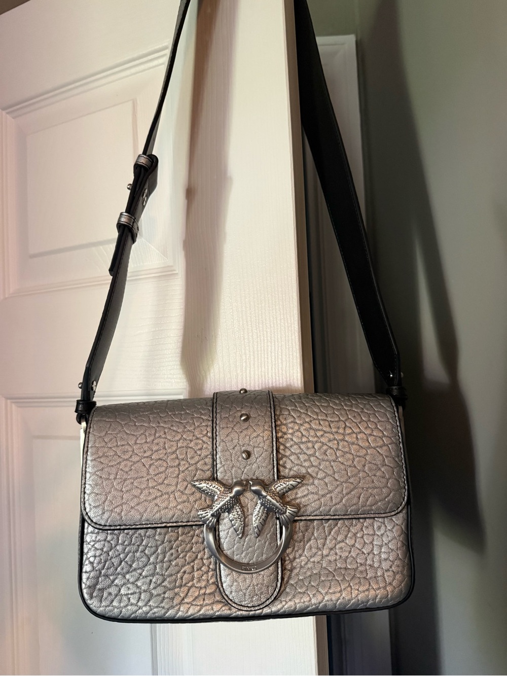 Pinko Silver Pebbled Leather Crossbody with Bird Ring Accent